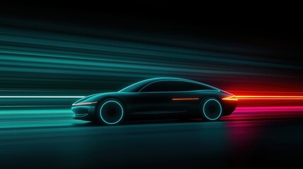 Obraz premium Futuristic silhouette of the car in motion, aerodynamic body, high-tech and ultra-modern look. Stripes of blue neon light and shadow create a tunnel on dark tones, a sense of speed and energy.