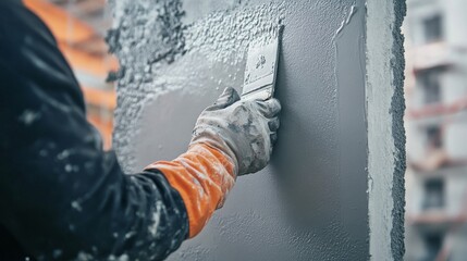 A construction worker's gloved hand carefully applies smooth concrete on a rough wall surface using a spatula. The image captures the precision and craftsmanship involved in building and construction