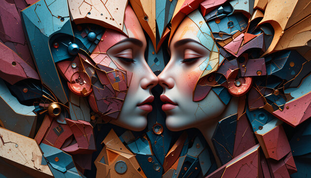 Fragments of Unity: Our Love's Journey, women, abstract representation, love and choice, symbolic shapes, vibrant colors, surreal journey, cubism-inspired,  conceptual style, love