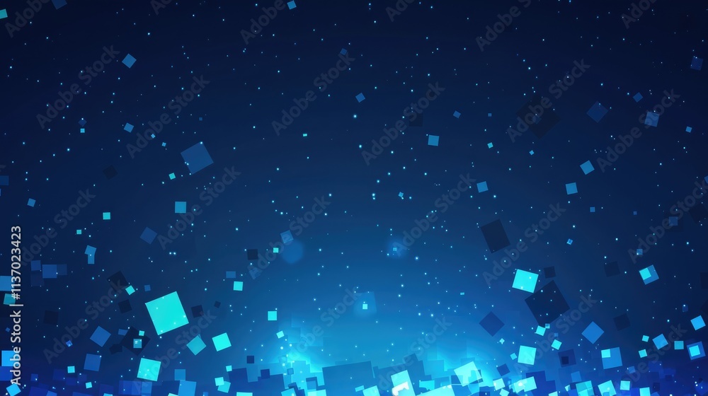Poster abstract blue background with floating squares and particles, ideal for digital design.