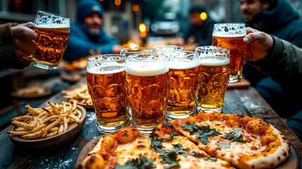 A group of people toasting with beer glasses and pizza on a table