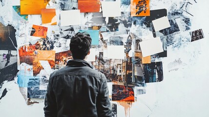 Fototapeta premium Man Contemplating a Collage of Images: A Visual Journey of Art, Inspiration, and Creative Exploration