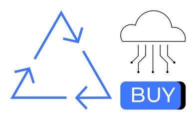 Blue triangular recycling arrows symbol, cloud computing icon with connecting lines, and blue Buy button. Ideal for sustainability, e-commerce, cloud technology, digital transformation, online