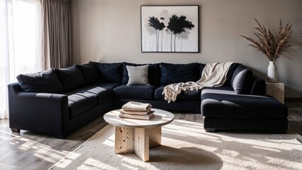Generative AI, Modern living room with a matte black velvet sectional sofa, monochrome artwork, travertine coffee table, and natural light