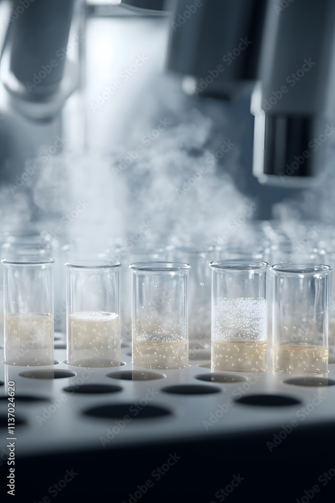 Poster laboratory scene with test tubes displaying various substances and reactions.