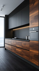 Modern Kitchen Design, Dark Wood and Black Cabinets, Sleek Countertops, Integrated Appliances, Minimalist Style