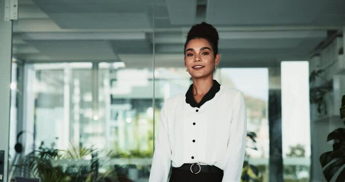 Face, smile and woman in office, arms crossed and confident for career path, internship and corporate. Proud, employee and trainee with ambition, lawyer and opportunity in law firm, joy and Canada