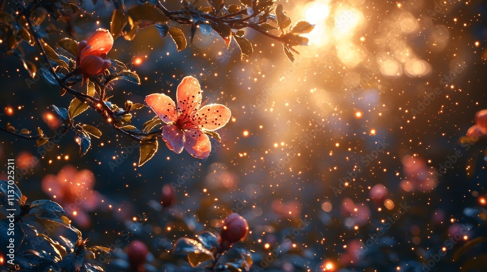 Poster close-up of a vibrant flower with glowing bokeh lights in the background