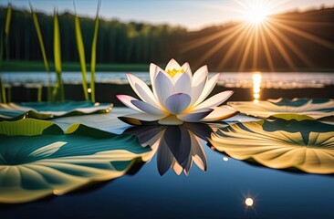 A luminous white lotus flower resting on calm water surrounded by vibrant green lily pads, with the golden rays of the setting sun casting warm light over a tranquil natural pond