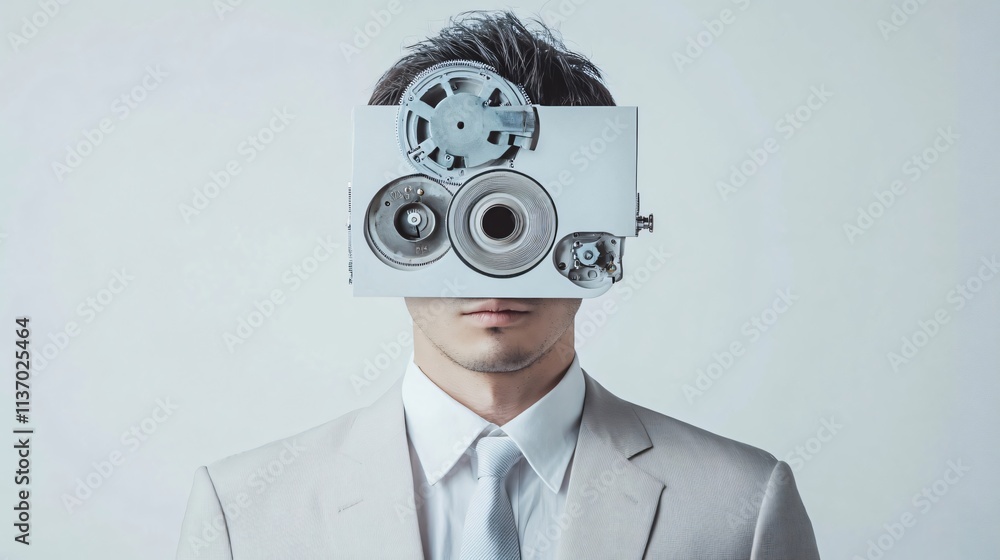 Poster man in suit with mechanical device covering face - conceptual portrait