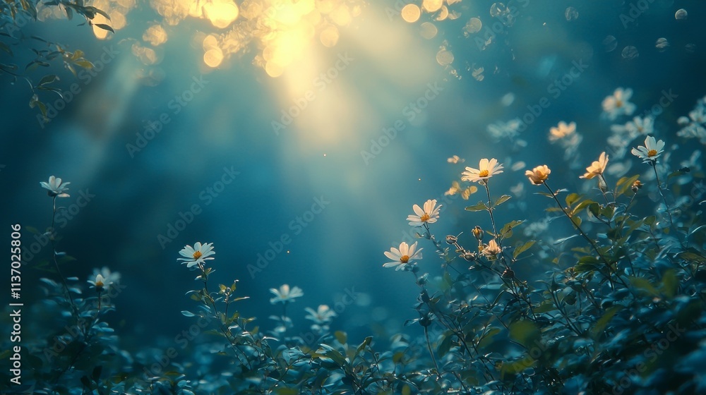 Poster sunbeams streaming through trees with wildflowers in bloom