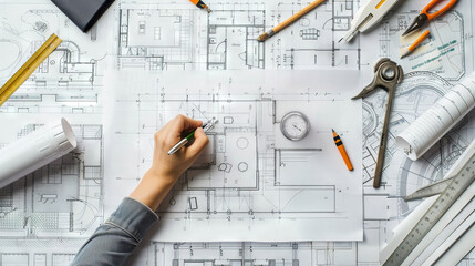 Close-up of architect's hands sketching detailed blueprints on a drafting table surrounded by tools and rolled plans. Concept of precision, architecture design, technical drawing, project planning