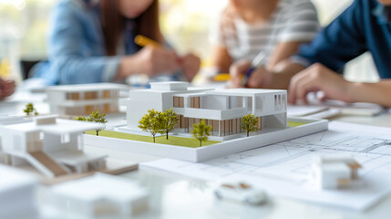 Fototapeta premium Close-up of a group of architects discussing a modern building model on a table with blueprints. Concept of architecture, teamwork, urban design, and project planning