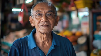 Portrait of a senior Asian man in a market.