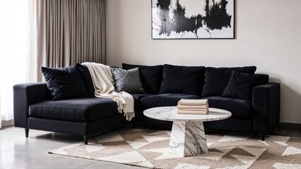 Generative AI, Modern living room with a matte black velvet sectional sofa, monochrome artwork, travertine coffee table, and natural light