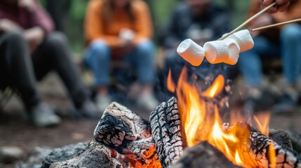 A group of people roasting marshmallows over an open campfire in the woods. The glowing flames create a cozy atmosphere perfect for camping, bonding, and enjoying the outdoors.. AI Generation