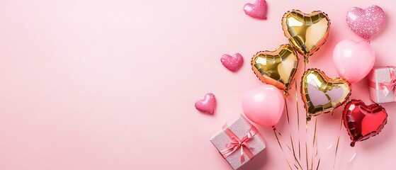 Fototapeta premium Happy valentines day banner. Pink and gold hearts foil balloons with gifts on pink Valentines Day background.