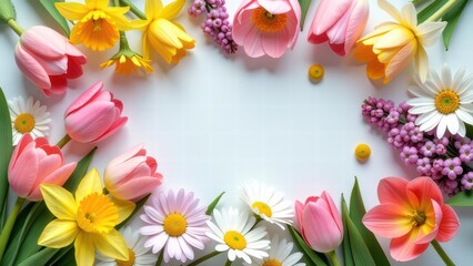Colorful spring flowers arrangement with tulips and daisies for seasonal celebration designs