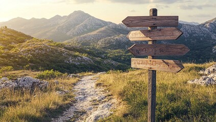 Wooden signs pointing in different directions on the path to the mountains representing multiple route options for adventure travel and the journey of life concept