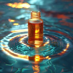 Floating glass bottle filled with pure natural essential oil creating a serene tranquil reflection in the calm rippling water  Concept of wellness beauty aromatherapy and holistic relaxation