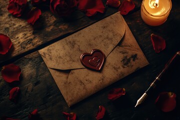 A beautifully crafted Romantic Valentines Day Scene Featuring a Sealed Love Letter, elegantly surrounded by delicate, fragrant Rose Petals that enhance the atmosphere of love and affection