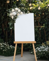 White big vertical empty poster on easel on wedding event decoration display