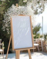 White big vertical empty poster on easel on wedding event decoration display
