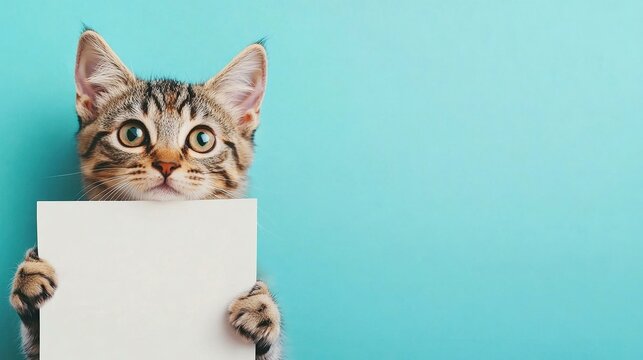 Adorable tabby cat holding a blank sign on a vibrant light blue background ready for your message Animal photography