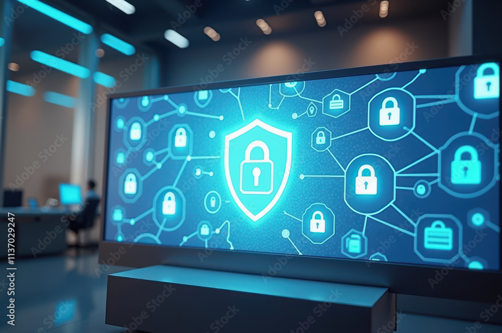 Aufkleber digital security concept with lock icons and network connections on screen