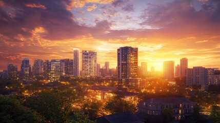 Fototapeta premium Golden Sunset Over City Skyline: Urban Panorama at Dusk