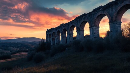 Ancient Aqueduct at Sunset: A Majestic Silhouette Against Vibrant Sky