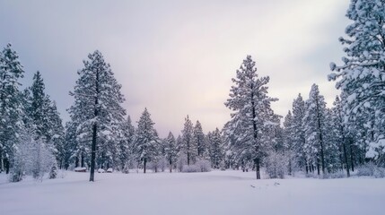 Naklejka premium Serene Winter Wonderland: Snow-Covered Pine Forest at Dawn