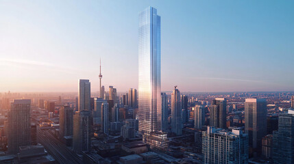 Fototapeta premium A modern skyscraper in a futuristic city, its surface made of reflective glass, towering over the surrounding buildings.