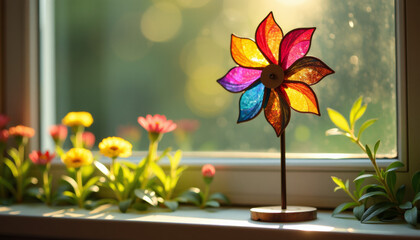 Colorful Stained Glass Windmill on a Windowsill with Flowers