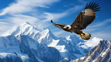 Majestic Eagle Soaring Over Snowy Mountain Peaks