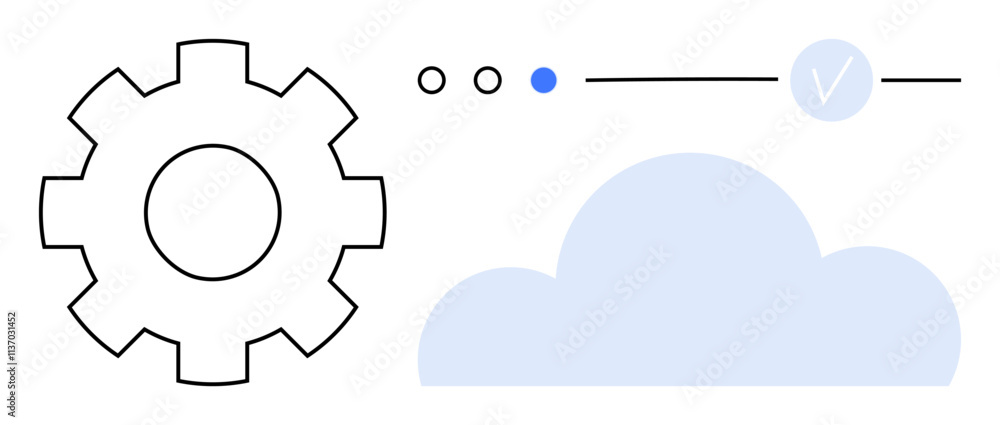 Poster gear icon, progress bar with three dots and blue indicator, light blue cloud, and checkmark tick. id