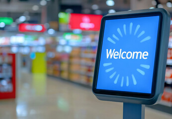 Digital display in supermarket displaying welcome. Self-service kiosk. Concept for customer service, process automation, digital retail industry.    