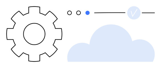 Gear icon, progress bar with three dots and blue indicator, light blue cloud, and checkmark tick. Ideal for technology, software development, system settings, cloud services, data synchronization