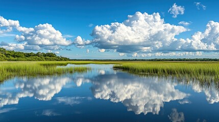 Serene Marsh Landscape: Clouds Reflected in Calm Waters