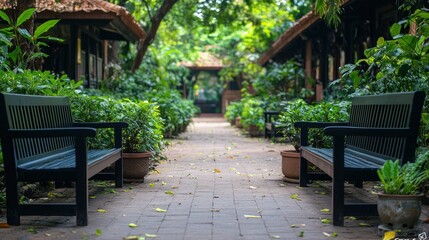 Serene garden path with benches.