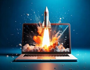 Rocket Launching from Laptop Screen, Minimal Online Learning Banner