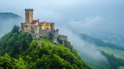 Mystical Castle in the Fog: A Majestic Hilltop Fortress