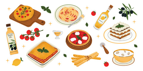Set of Italian food illustrations: pizza, pasta, risotto, lasagna, focaccia, tiramisu, olive oil, limoncello, grissini,  olives. Traditional Italian cuisine, flat vector isolated on white background.