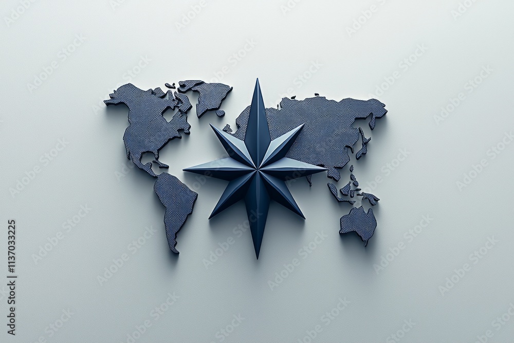 Aufkleber flat design illustration features compass rose prominently displayed over subtle world map. cool blu