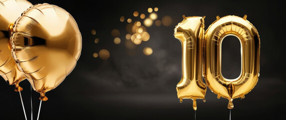 Bright golden balloons complement a large golden number 10 against a dark backdrop, celebrating a momentous occasion such as an anniversary or birthday