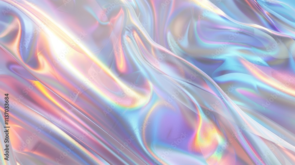 Poster abstract iridescent fabric with flowing colors and textures.