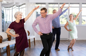 Mature positive people dancing twist together at modern dance studio