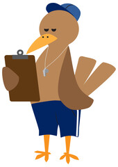 A cartoon bird coach is checking his notes and forming a strategy