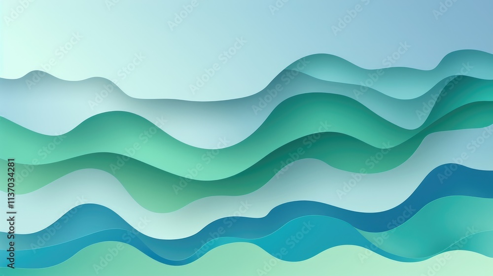 Poster abstract waves in varying shades of blue and green, creating a serene and calming effect.