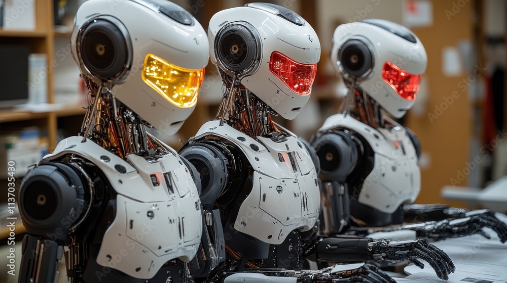 Poster three humanoid robots working in a factory
